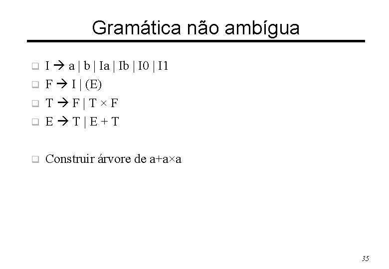 Gramática não ambígua q I a | b | Ia | Ib | I