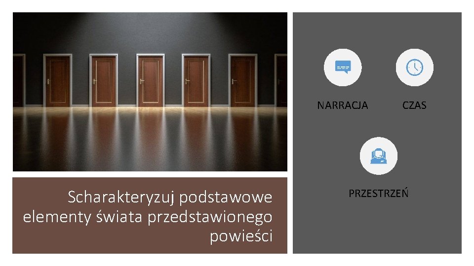 NARRACJA Scharakteryzuj podstawowe elementy świata przedstawionego powieści CZAS PRZESTRZEŃ 