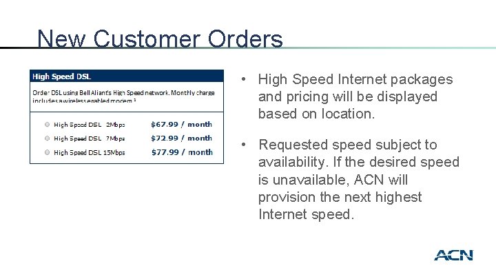 New Customer Orders • High Speed Internet packages and pricing will be displayed based