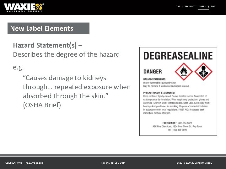 GHS | TRAINING | LABELS | SDS New Label Elements Hazard Statement(s) – Describes