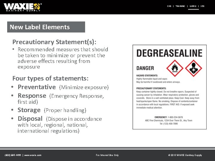 GHS | TRAINING | LABELS | SDS New Label Elements Precautionary Statement(s): • Recommended