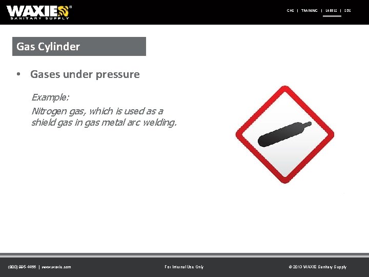 GHS | TRAINING | LABELS | SDS Gas Cylinder • Gases under pressure Example: