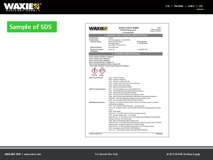 GHS | TRAINING | LABELS | SDS Sample of SDS (800) 995 -4466 |