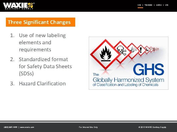 GHS | TRAINING | LABELS | SDS Three Significant Changes 1. Use of new