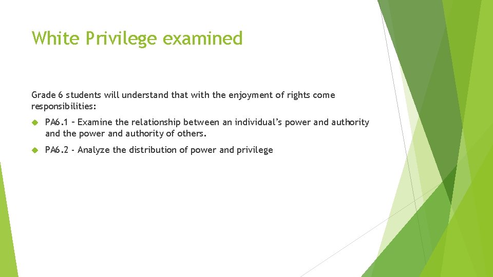 White Privilege examined Grade 6 students will understand that with the enjoyment of rights