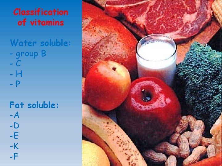 Classification of vitamins Water soluble: - group В -С -Н -Р Fat soluble: -А