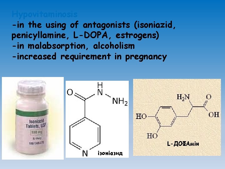 Hypovitaminosis -in the using of antagonists (isoniazid, penicyllamine, L-DOPA, estrogens) -in malabsorption, alcoholism -increased