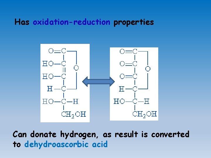 Has oxidation-reduction properties Can donate hydrogen, as result is converted to dehydroascorbic acid 