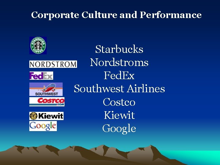 Corporate Culture and Performance Starbucks Nordstroms Fed. Ex Southwest Airlines Costco Kiewit Google 