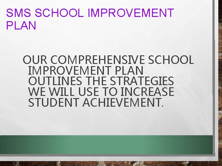 SMS SCHOOL IMPROVEMENT PLAN OUR COMPREHENSIVE SCHOOL IMPROVEMENT PLAN OUTLINES THE STRATEGIES WE WILL