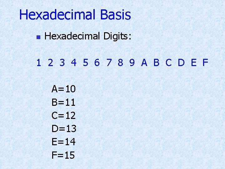 Hexadecimal Basis n Hexadecimal Digits: 1 2 3 4 5 6 7 8 9 Hexadecimal Basis n Hexadecimal Digits: 1 2 3 4 5 6 7 8 9