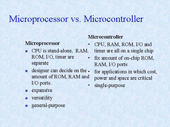 Microprocessor vs. Microcontroller Microprocessor • CPU, RAM, ROM, I/O and n CPU is stand-alone, Microprocessor vs. Microcontroller Microprocessor • CPU, RAM, ROM, I/O and n CPU is stand-alone,
