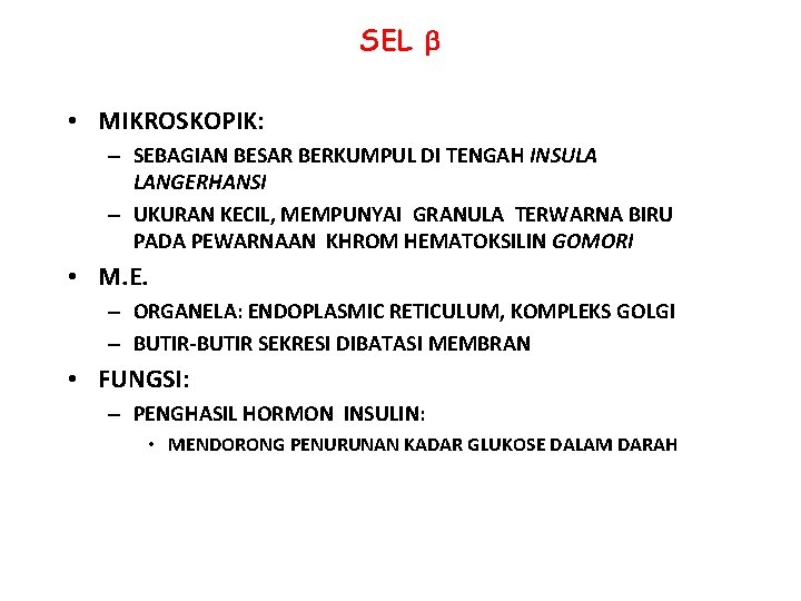 SEL • MIKROSKOPIK: – SEBAGIAN BESAR BERKUMPUL DI TENGAH INSULA LANGERHANSI – UKURAN KECIL,