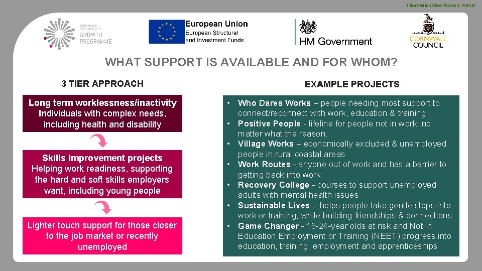 Information Classification: PUBLIC WHAT SUPPORT IS AVAILABLE AND FOR WHOM? 3 TIER APPROACH Long