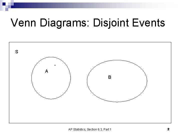 Venn Diagrams: Disjoint Events S A B AP Statistics, Section 6. 3, Part 1