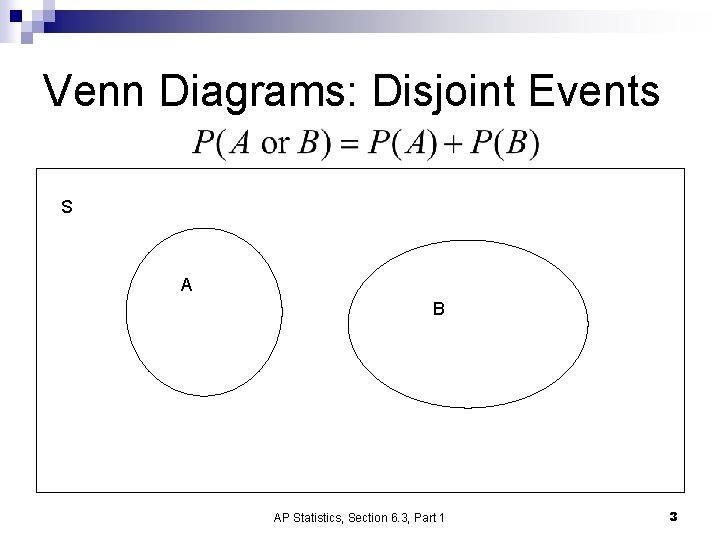 Venn Diagrams: Disjoint Events S A B AP Statistics, Section 6. 3, Part 1