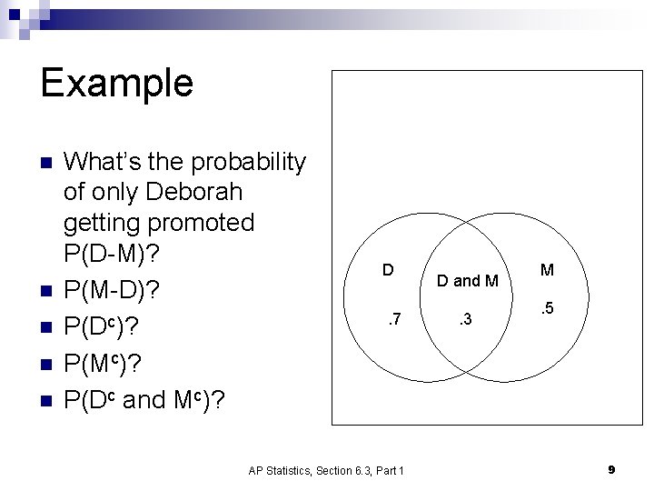 Example n n n What’s the probability of only Deborah getting promoted P(D-M)? P(M-D)?