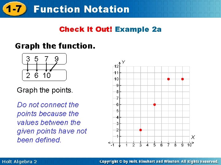 1 -7 Function Notation Check It Out! Example 2 a Graph the function. 3 1 -7 Function Notation Check It Out! Example 2 a Graph the function. 3