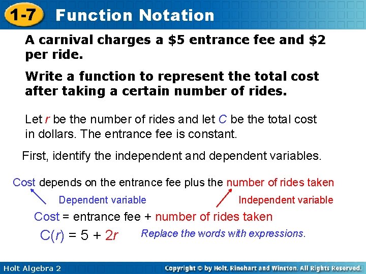 1 -7 Function Notation A carnival charges a $5 entrance fee and $2 per 1 -7 Function Notation A carnival charges a $5 entrance fee and $2 per