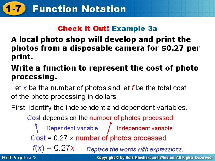 1 -7 Function Notation Check It Out! Example 3 a A local photo shop 1 -7 Function Notation Check It Out! Example 3 a A local photo shop