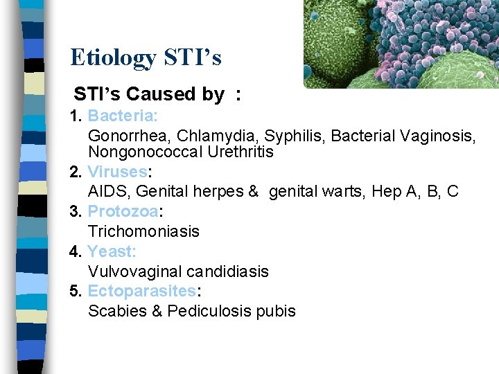 Etiology STI’s Caused by : 1. Bacteria: Gonorrhea, Chlamydia, Syphilis, Bacterial Vaginosis, Nongonococcal Urethritis