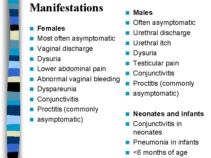 Manifestations n n n n n Females Most often asymptomatic Vaginal discharge Dysuria Lower