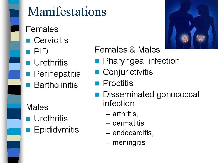 Manifestations Females n Cervicitis n PID n Urethritis n Perihepatitis n Bartholinitis Males n