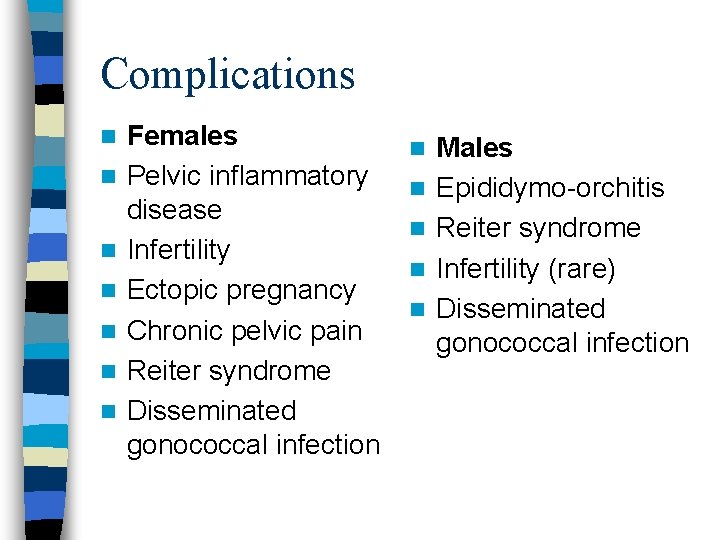 Complications n n n n Females Pelvic inflammatory disease Infertility Ectopic pregnancy Chronic pelvic