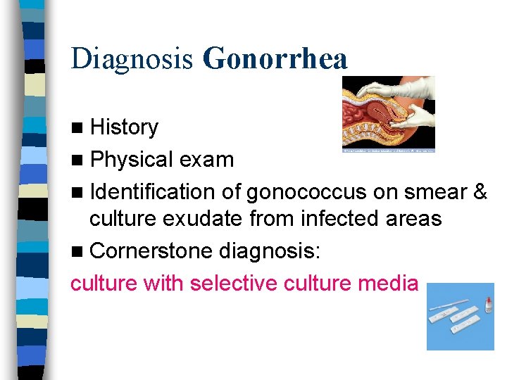 Diagnosis Gonorrhea n History n Physical exam n Identification of gonococcus on smear &