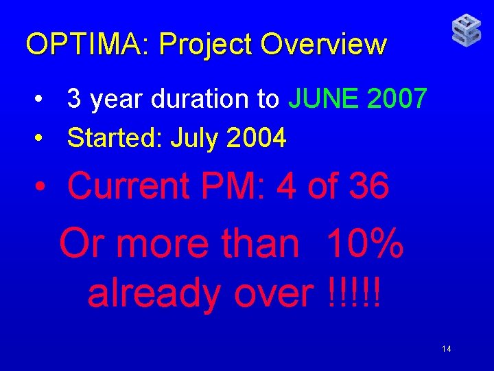 OPTIMA: Project Overview • 3 year duration to JUNE 2007 • Started: July 2004