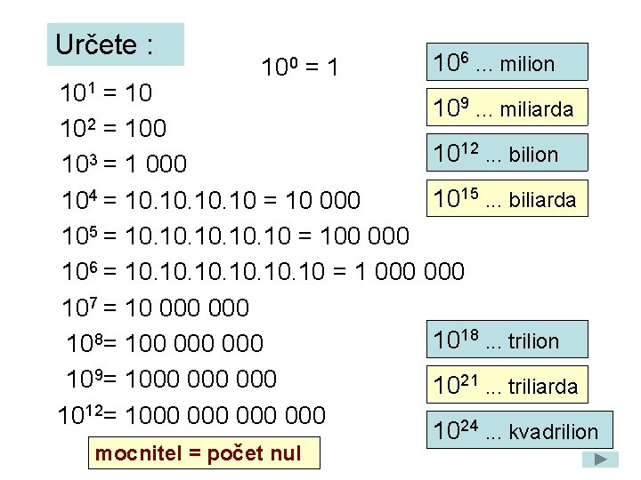 Určete : 100 =1 106. . . milion 101 = 10 109. . .