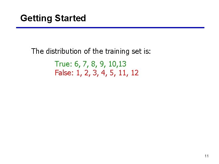 Getting Started The distribution of the training set is: True: 6, 7, 8, 9,