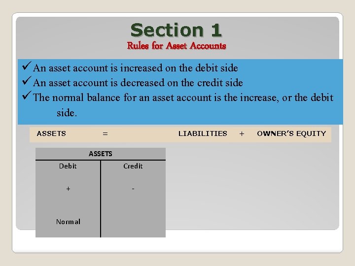 Section 1 Rules for Asset Accounts üAn asset account is increased on the debit