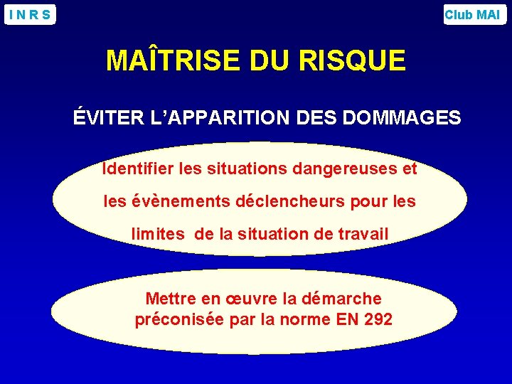 INRS Club MAI MAÎTRISE DU RISQUE ÉVITER L’APPARITION DES DOMMAGES Identifier les situations dangereuses