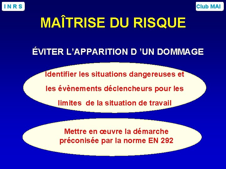 INRS Club MAI MAÎTRISE DU RISQUE ÉVITER L’APPARITION D ’UN DOMMAGE Identifier les situations