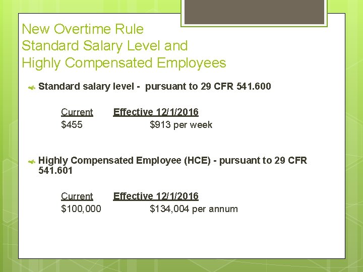 New Overtime Rule Standard Salary Level and Highly Compensated Employees Standard salary level -