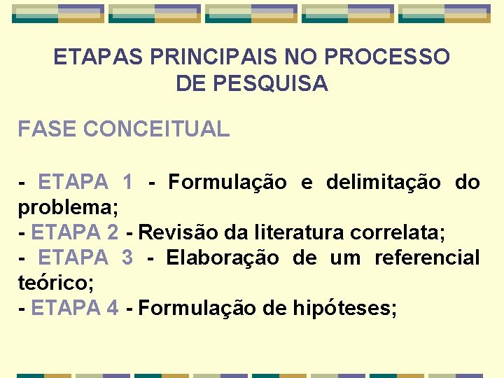 ETAPAS PRINCIPAIS NO PROCESSO DE PESQUISA FASE CONCEITUAL - ETAPA 1 - Formulação e