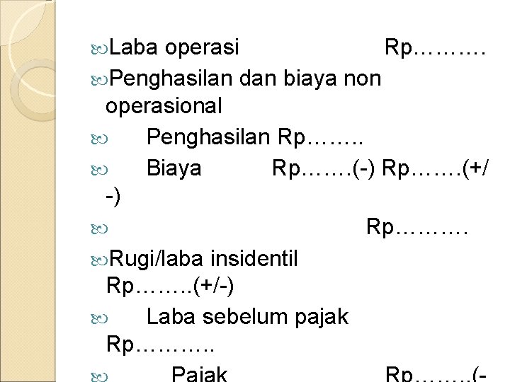  Laba operasi Rp………. Penghasilan dan biaya non operasional Penghasilan Rp……. . Biaya Rp…….