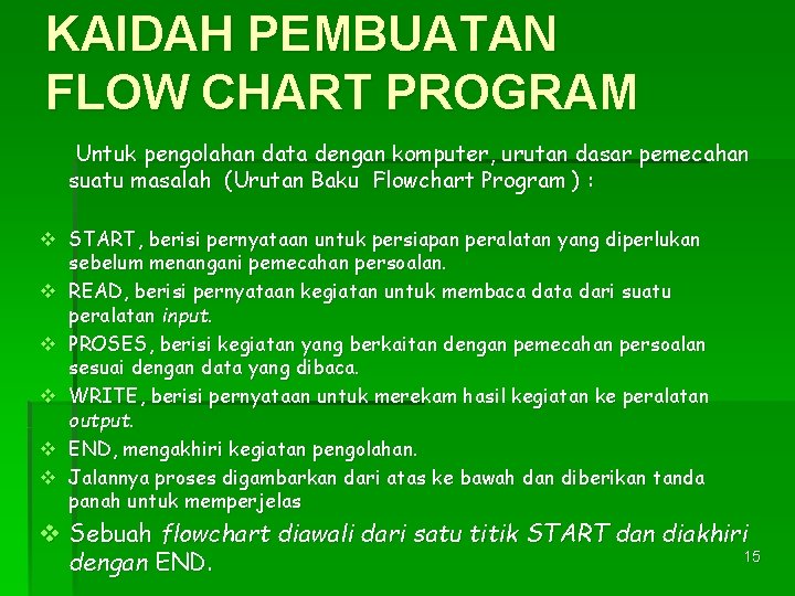 KAIDAH PEMBUATAN FLOW CHART PROGRAM Untuk pengolahan data dengan komputer, urutan dasar pemecahan suatu