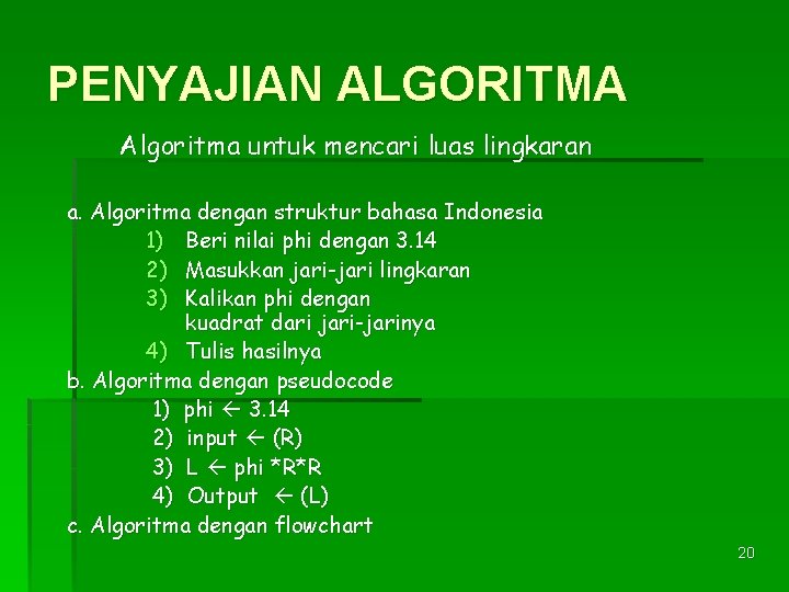 PENYAJIAN ALGORITMA Algoritma untuk mencari luas lingkaran a. Algoritma dengan struktur bahasa Indonesia 1)