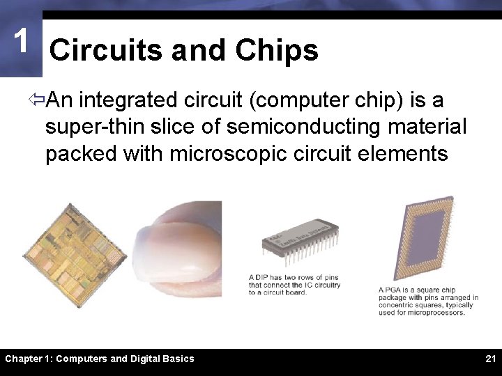 1 Circuits and Chips ïAn integrated circuit (computer chip) is a super-thin slice of