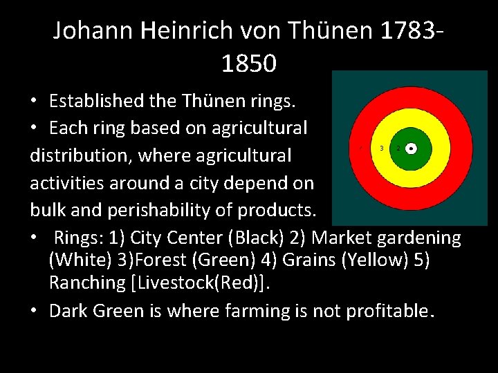 Johann Heinrich von Thünen 17831850 • Established the Thünen rings. • Each ring based