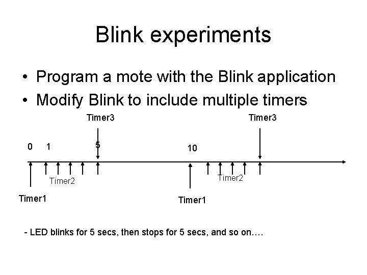 Blink experiments • Program a mote with the Blink application • Modify Blink to