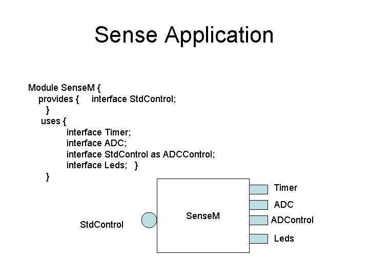 Sense Application Module Sense. M { provides { interface Std. Control; } uses {