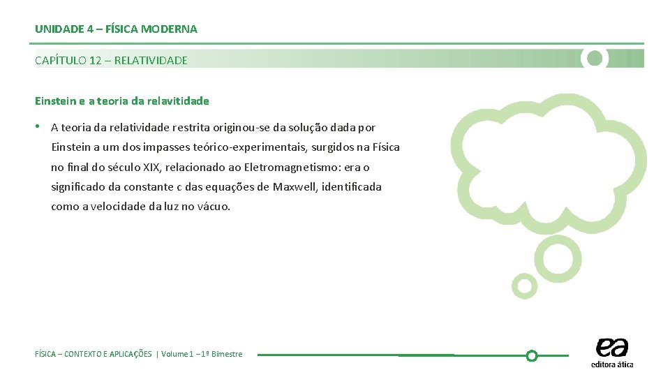 UNIDADE 4 – FÍSICA MODERNA CAPÍTULO 12 – RELATIVIDADE Einstein e a teoria da