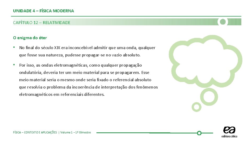 UNIDADE 4 – FÍSICA MODERNA CAPÍTULO 12 – RELATIVIDADE O enigma do éter •