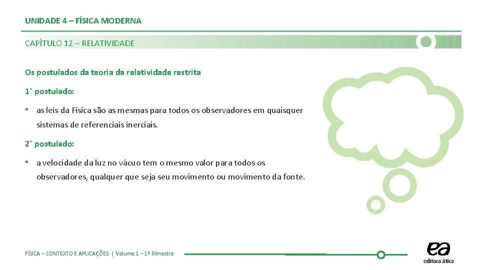 UNIDADE 4 – FÍSICA MODERNA CAPÍTULO 12 – RELATIVIDADE Os postulados da teoria da