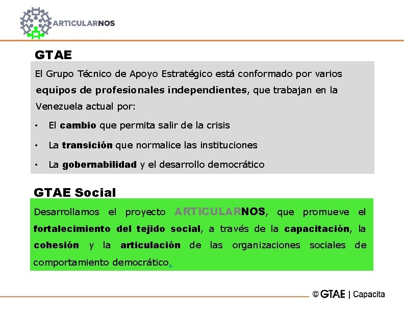 GTAE El Grupo Técnico de Apoyo Estratégico está conformado por varios equipos de profesionales