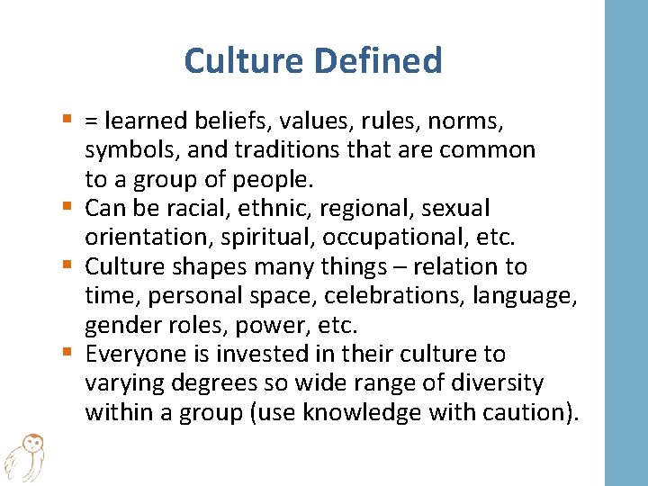 Culture Defined § = learned beliefs, values, rules, norms, symbols, and traditions that are