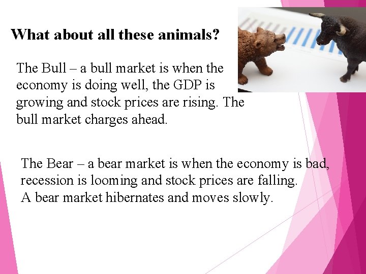 What about all these animals? The Bull – a bull market is when the